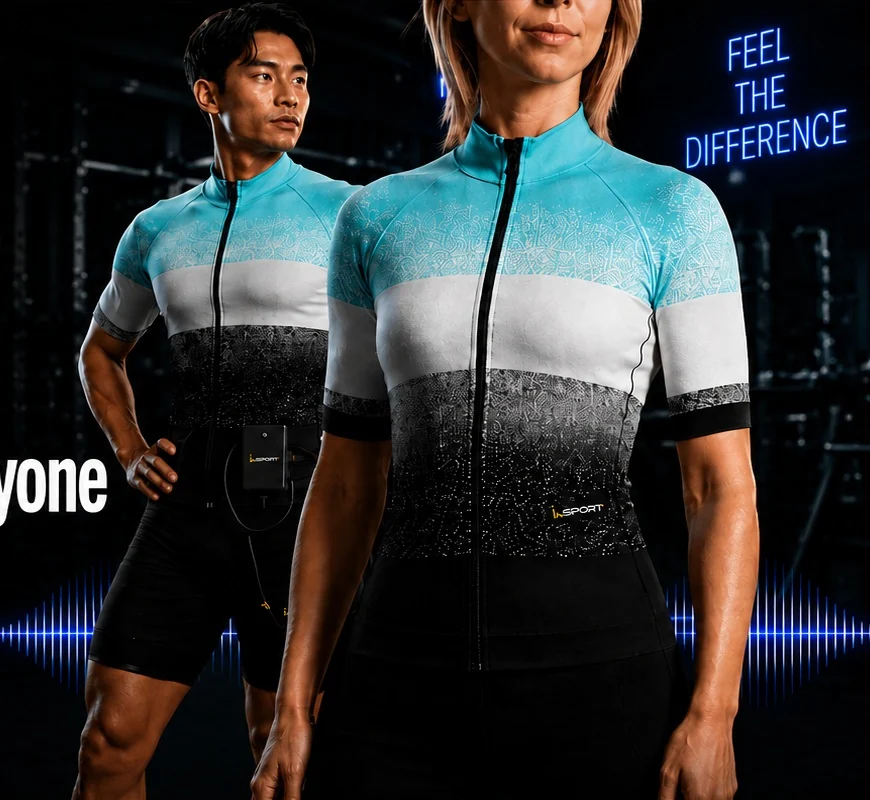 i-SPORT EMS models wearing the blue white and black EMS suit